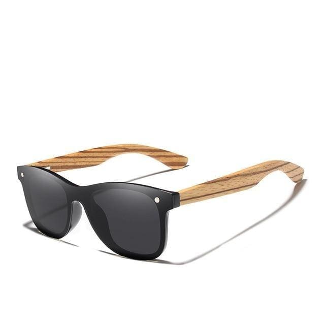 Square zebra wood sunglasses with blue mirrored polarized lenses